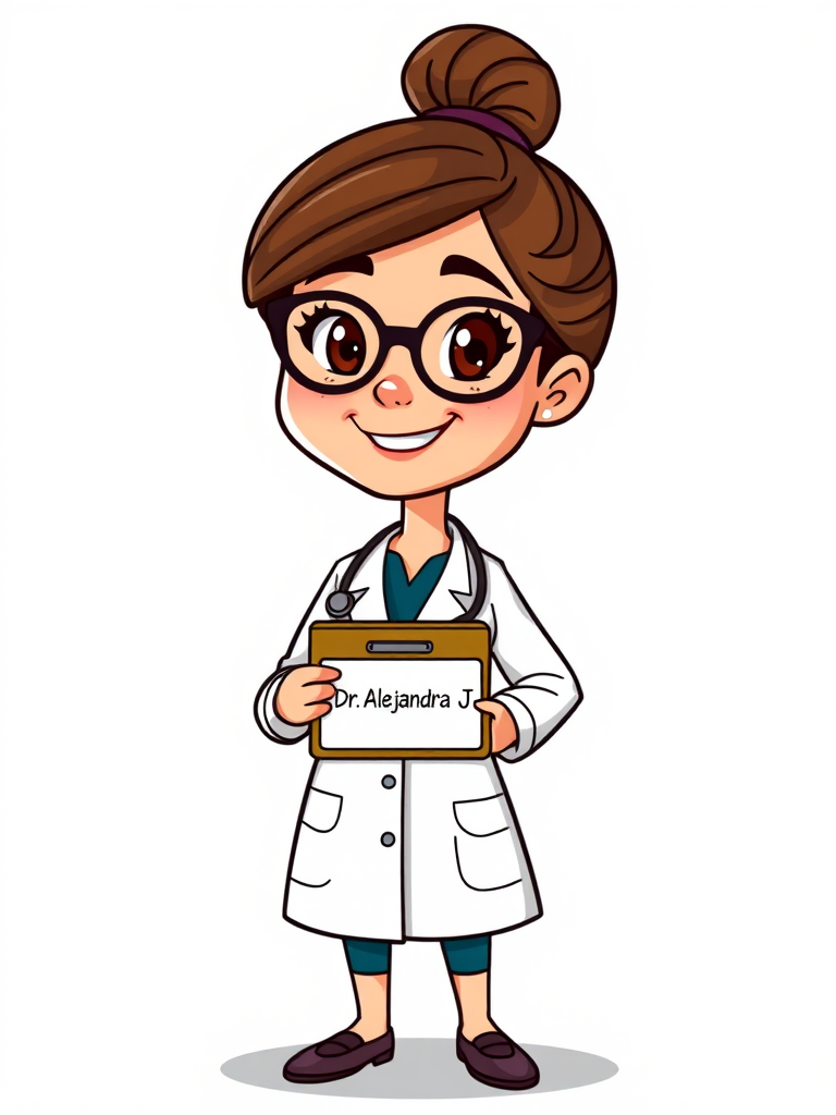Create an illustration of a cheerful female cartoon doctor with brown hair in a bun, wearing glasses and a white lab coat, holding a clipboard with the text "Dr. Alejandra J." while standing against a solid background, using a digital art style, with sharp lines and vibrant colors, at a resolution of 300 DPI, shot from a frontal view with an emphasis on facial expression, using a tablet for digital illustration.