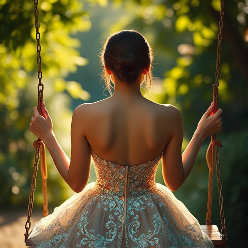 capture a back view of a woman in a sparkling gown sitting on a swing surrounded by lush greenery and soft sunlight, using a Canon EOS R5 with a 50mm f/1.2 lens at ISO 100, aperture f/1.2, shutter speed 1/200s, in a dreamy, shallow depth of field style
