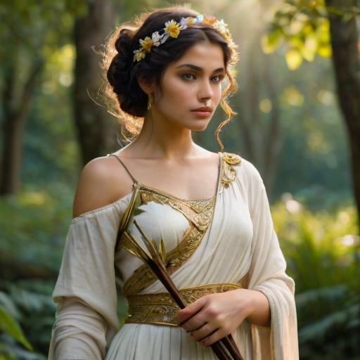Create a portrait of a goddess-like Persian girl figure in a tranquil, forested environment. She has an elegant appearance with long, wavy hair styled in an updo and adorned with a delicate, floral headband. She wears a flowing, ancient Greek-inspired gown in a soft, pale color, featuring a one-shoulder design and draped fabric that accentuates her graceful form. The outfit includes a decorative belt with ornate gold detailing, and she holds a bow in her hand, with a quiver of arrows slung over her shoulder. The background depicts lush greenery, with sunlight filtering through the trees, casting a gentle, ethereal light on the scene. Her expression is calm and contemplative, embodying a sense of wisdom and serenity.
