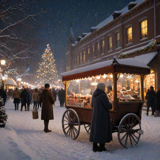 Snow-covered city square at night, holiday lights twinkling in the trees, a woman in a scarf and mittens stands by a vendor's cart, holding a steaming cup of hot chocolate as the soft sound of carolers fills the air.