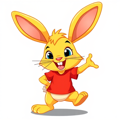 Create a vibrant cartoon character of a cheerful yellow rabbit wearing a red shirt, with oversized ears and a big smile, in a playful pose, captured in a 35mm lens at f/5.6, ISO 100, with a bright color palette and sharp focus, using a digital illustration style.