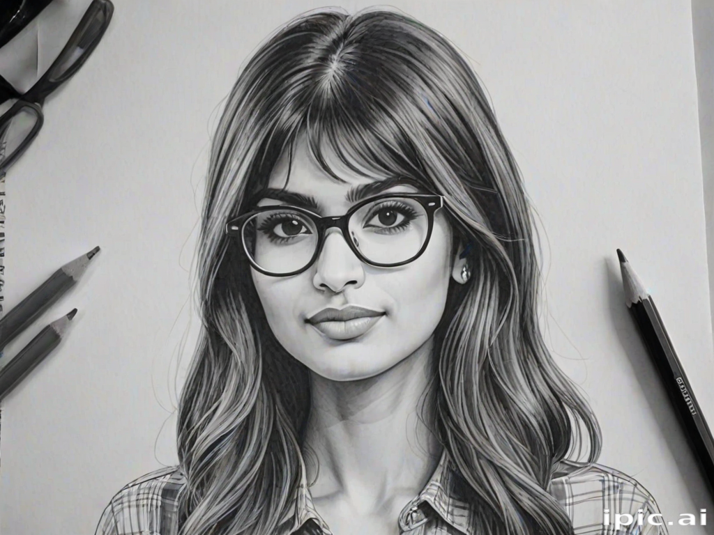 hot mia khalifa, pencil sketch, portrait of beautiful woman 60s in glasses, hair style beatnik, outline, clear lines, fine lines, 8k