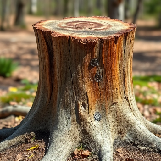 Create a high-resolution illustration of a tree stump, captured with a DSLR camera at f/8 aperture, ISO 100, 50mm lens, with a shallow depth of field, in a natural light setting, emphasizing texture and detail.