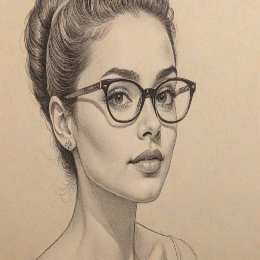 Appealing Ariana Greenblatt, pencil sketch, portrait of Dazzling woman 1955s in glasses, hair style beatnik, outline, clear lines, fine lines, 8k