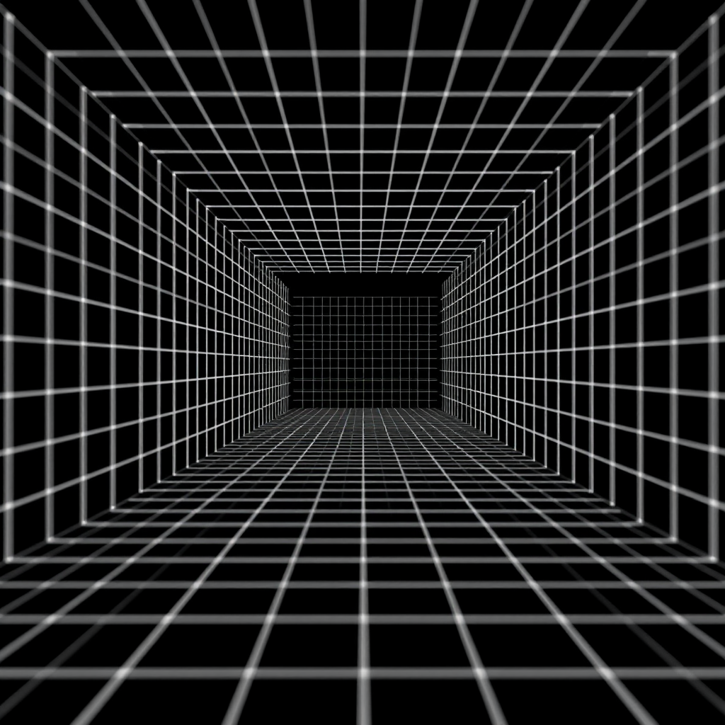 generate a high-resolution 3D perspective grid with a black background, using a wide-angle lens at f/8 aperture, ISO 100, 24mm focal length, shot with a digital DSLR camera to enhance depth and detail, capturing a vanishing point in the center of the grid.