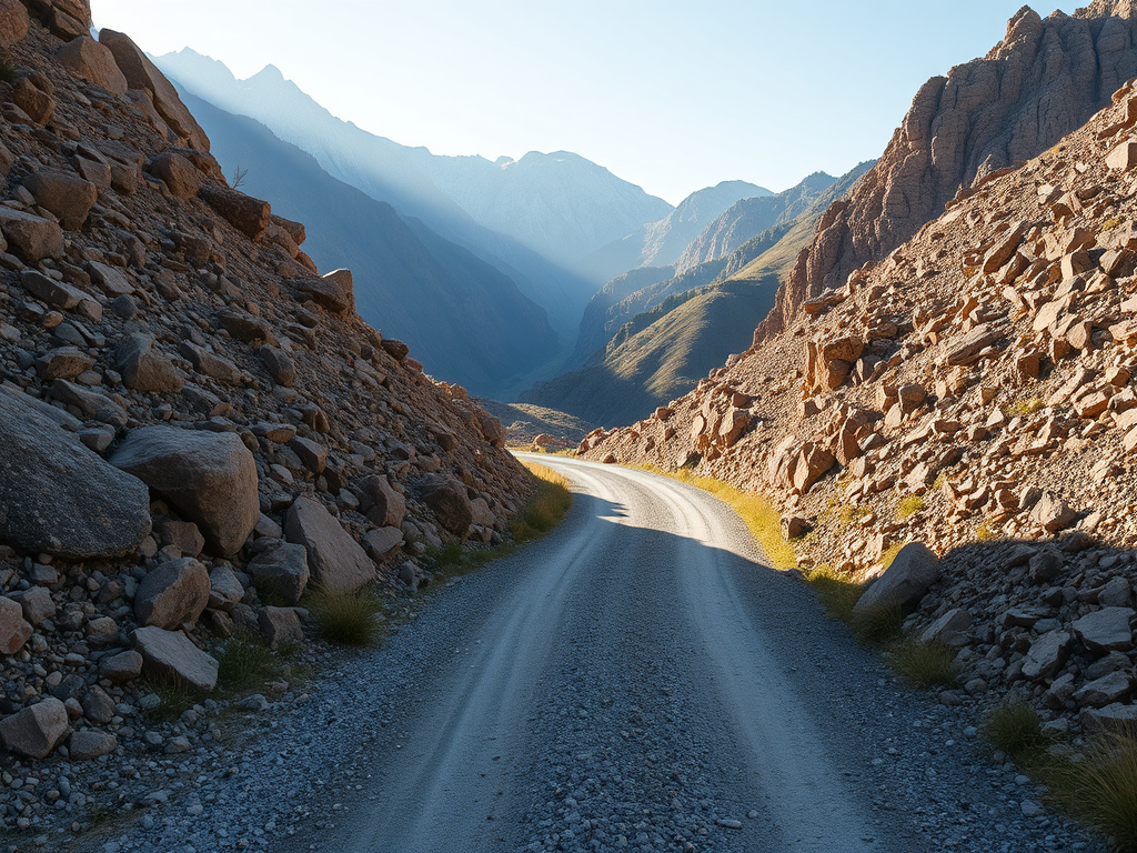 narrow gravel road winding through rocky landscape with mountains in the background, soft natural lighting, taken with a DSLR camera at f/8 aperture, 24mm focal length, ISO 100, using a wide-angle view to capture expansive scenery, enhance image quality with high dynamic range processing