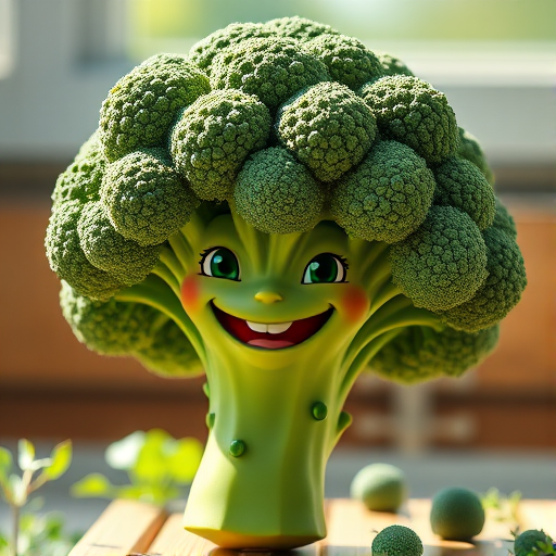 Create a vibrant cartoon image of a smiling broccoli with a thick green stalk and round green florets, captured with a 50mm lens at f/1.8, ISO 100, in natural sunlight, using a digital SLR camera to enhance color saturation and detail.