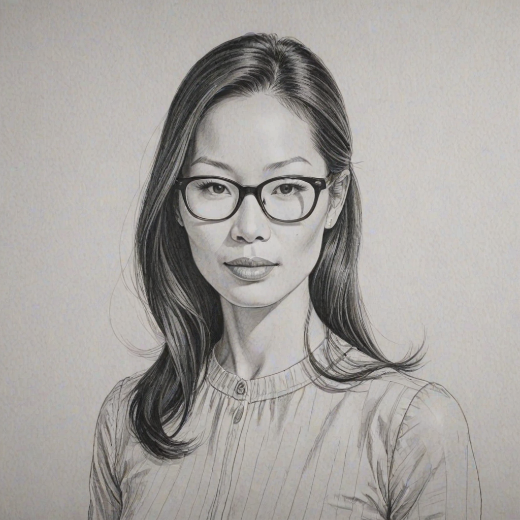 Ravishing Lucy Liu, pencil sketch, portrait of Bewitching woman 1960s in glasses, hair style beatnik, outline, clear lines, fine lines, 8k