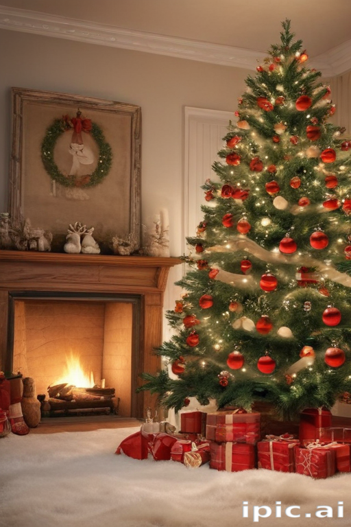 Cozy Christmas Scene Featuring a Beautifully Decorated Tree and Fireplace