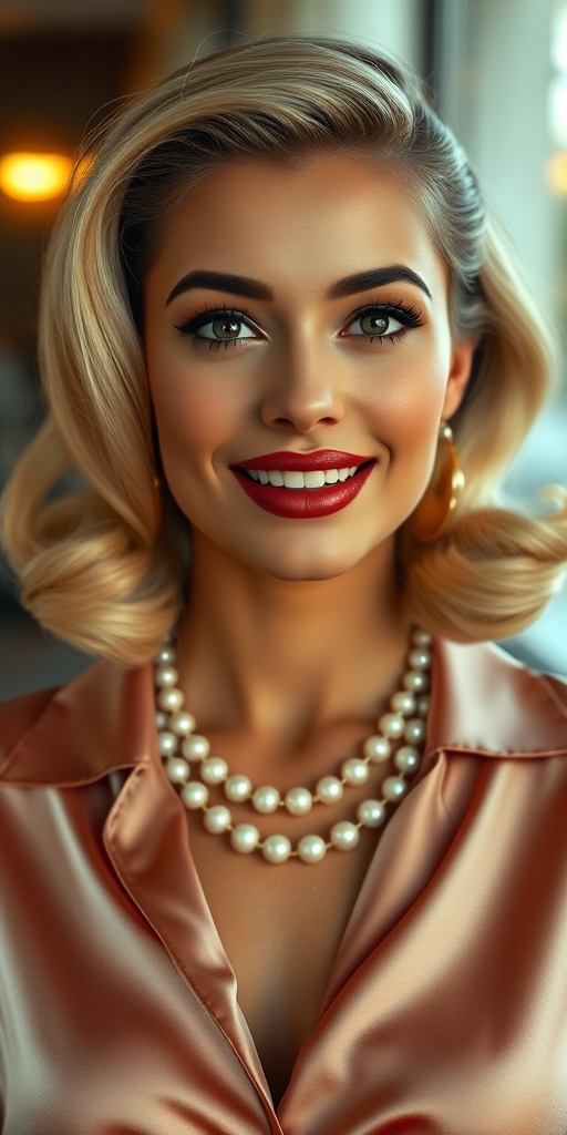 A beautiful Latino woman reminiscent of 1950s Hollywood glamour, with perfectly styled blonde hair and a seductive smile, dressed in a satin blouse and adorned with pearls, soft and warm tones, photorealistic, 8K