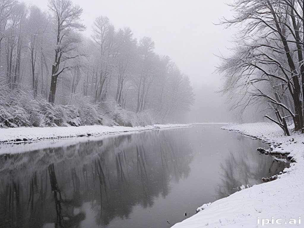 Serene Winter Landscape: Snow-Covered Trees Reflecting in Calm River
