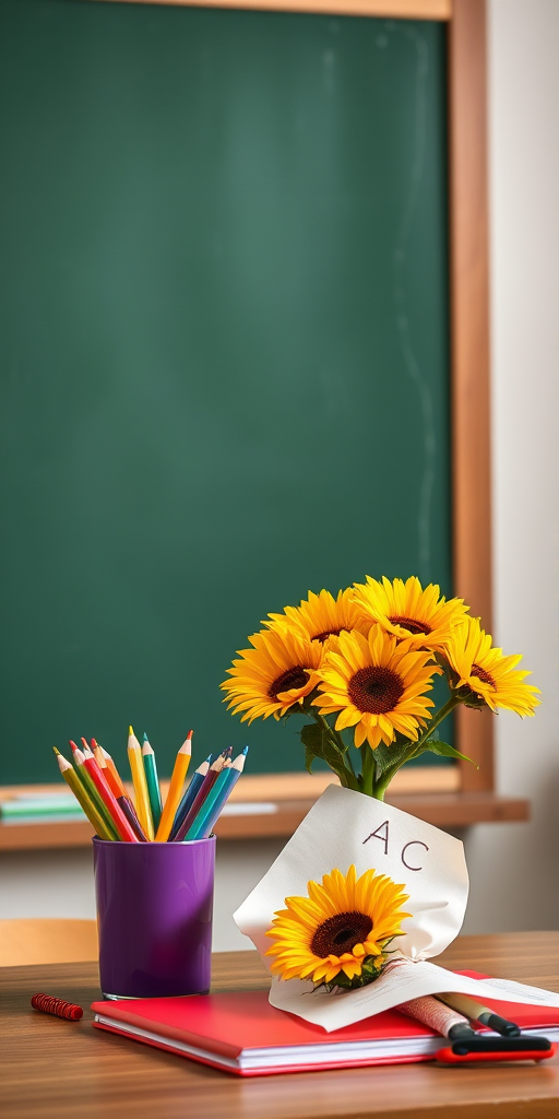 A classroom scene featuring a green chalkboard, a wooden frame, a desk with a purple cup of colorful pencils, a red notebook, and a bouquet of sunflowers wrapped in paper with ABC written on it, captured in high resolution with a DSLR camera, f/2.8 aperture, 1/125 sec shutter speed, ISO 100, in natural light for enhanced clarity and detail.