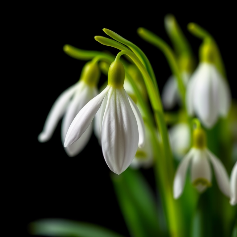 Capture a close-up shot of delicate snowdrop flowers with a shallow depth of field, using a macro lens, aperture set to f/2.8, ISO 100, and a shutter speed of 1/200s, with a black background for high contrast and backlighting to highlight the petals.