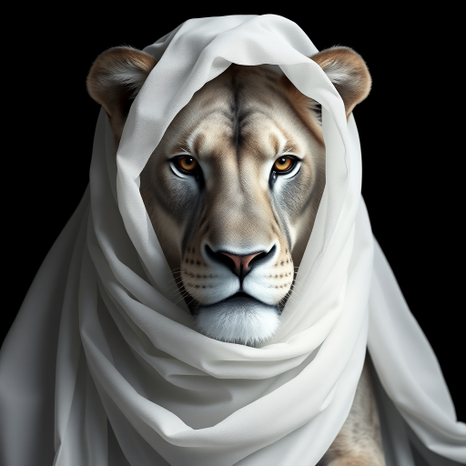 A hyper-realistic digital portrait of an lion with fabric draped over its head. The fabric is sheer and lightweight, allowing the contours of the lion’s face to show through, including its ears, eyes, and nose. The texture of the fabric is smooth and flowing, with delicate folds and creases that suggest softness and movement. The lion’s expression is serene and contemplative. The image focuses on the interplay of light and shadow on the fabric and the lion's face, creating a monochromatic palette of whites and grays. The background is a simple, nondescript dark shade to highlight the subject.