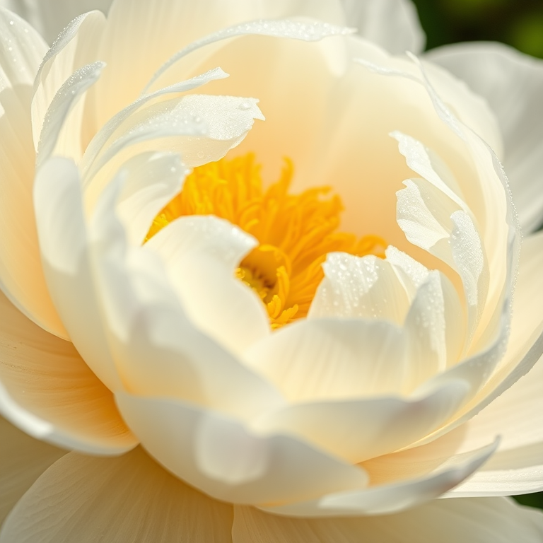 Close-up of a dewy white peony blossom, capturing intricate petal details and a vibrant yellow center, shot with a Canon EOS R5, 100mm macro lens, f/2.8 aperture, ISO 100, soft natural lighting, shallow depth of field for a dreamy background effect.