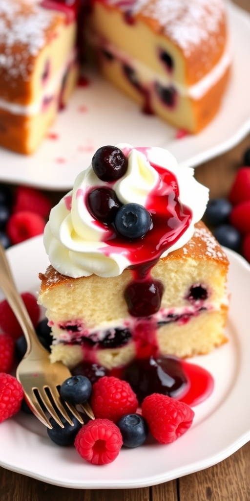 A slice of berry cake on a white plate topped with whipped cream and berry sauce, surrounded by fresh raspberries and blueberries, with a vintage fork beside it and a whole cake in the background.