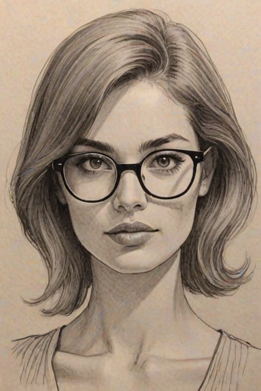 Ravishing Isabela Merced, pencil sketch, portrait of Appealing woman 1971s in glasses, hair style beatnik, outline, clear lines, fine lines, 8k