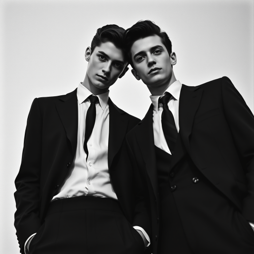 Black-and-white photograph, couple, tailored suits, retro hairstyles, film noir style, Tilt the camera for a dynamic Dutch angle using a versatile 24-70mm lens