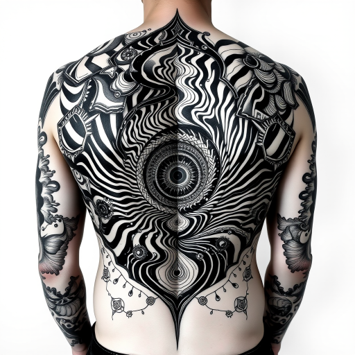 Psychedelic blackwork tattoo covering the entire back, depicting a mind-bending optical illusion with swirling vortexes and fractals in solid black ink