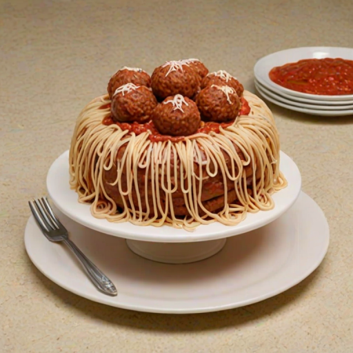 Generate an image of a creatively designed cake that resembles a bowl of spaghetti and meatballs. The cake should feature realistic spaghetti made of frosting, with meatballs on top, and forks inserted into the dish. The setting should have a playful and whimsical feel, with a tiled surface underneath the bowl.