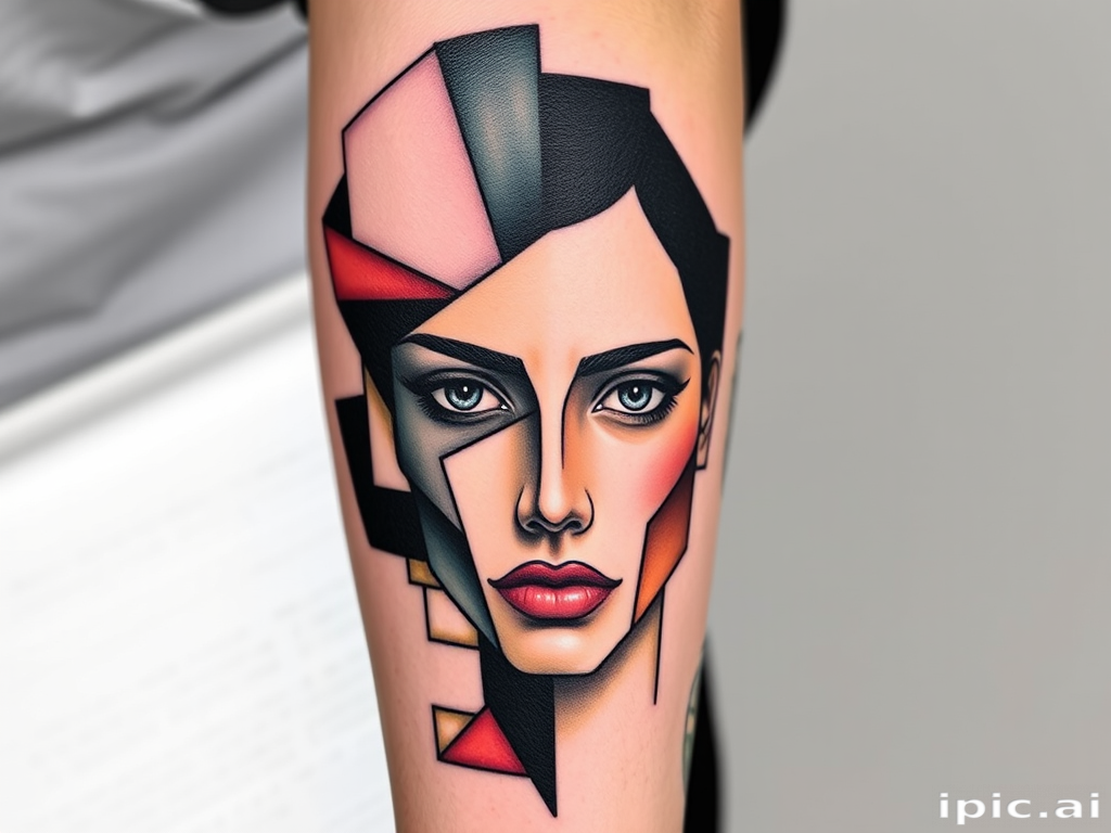 Cubist-inspired tattoo titled "Fragmented Reality" reimagining a human face broken into geometric planes and abstract forms, utilizing a limited color palette to enhance the visual impact, perfect for upper arm, thigh, or back placement