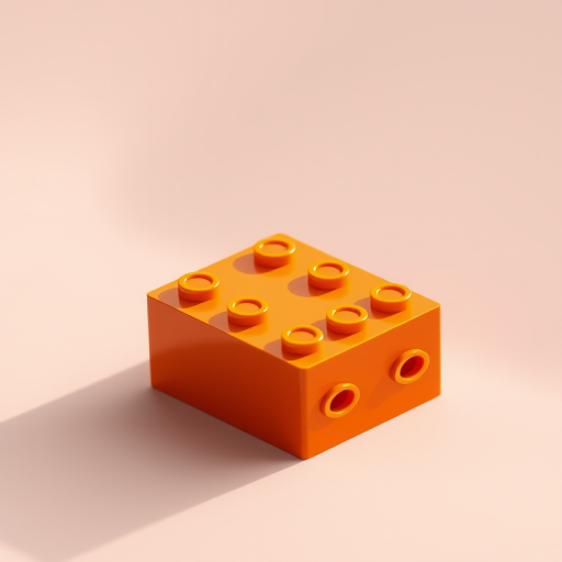Create an isometric view of an orange LEGO brick with yellow studs, 50mm lens, f/8 aperture, 1/125s shutter speed, natural lighting, high-resolution digital rendering.