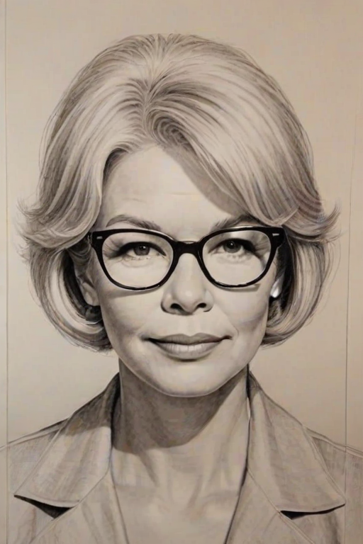 Enchanting Ellen Burstyn, pencil sketch, portrait of Splendid woman 1969s in glasses, hair style beatnik, outline, clear lines, fine lines, 8k