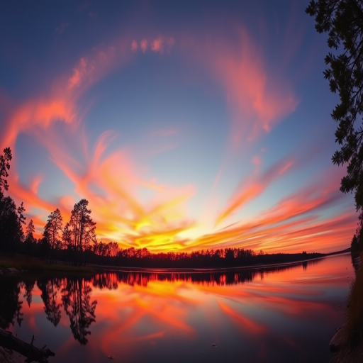 a tranquil sunset over a calm lake, reflecting vibrant orange and pink hues, surrounded by tall trees, shot with a DSLR camera, aperture f/8, shutter speed 1/125 sec, ISO 100, panoramic view, wide-angle lens