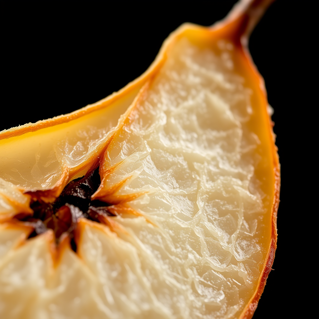 Close-up macro shot of a dried pear slice, focusing on texture and details, using a Canon EOS 5D Mark IV, f/2.8 aperture, 100mm lens, ISO 100, shooting in natural light with a blurred black background for depth.
