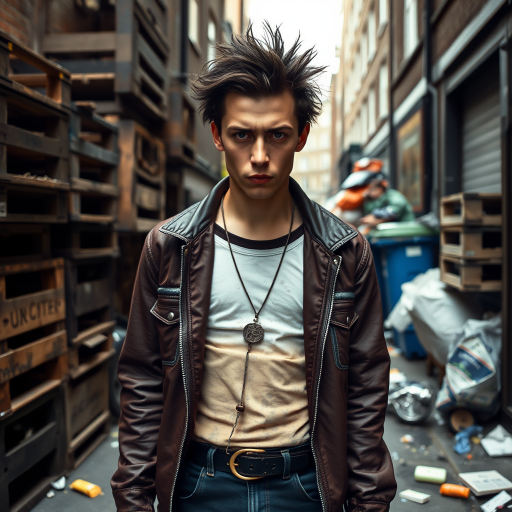 generate an ultra-realistic, highly detailed photograph of a punk. he's standing still, looking menacingly at the camera. he's in a narrow, dirty London street. there are wooden crates stacked up. overflowing rubbish bins, rubbish on the ground.