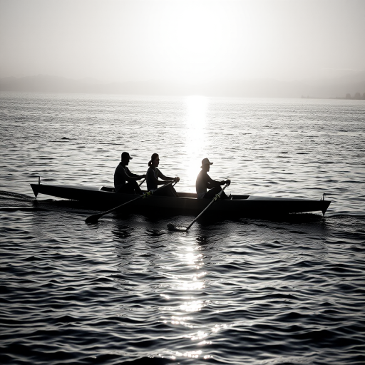 High dynamic range black and white photograph of four rowers in a sleek boat, captured at golden hour, with a Canon EOS 5D Mark IV, 85mm lens, f/4 aperture, ISO 100, 1/500 sec shutter speed, low angle view focusing on their silhouettes against the shimmering water surface.