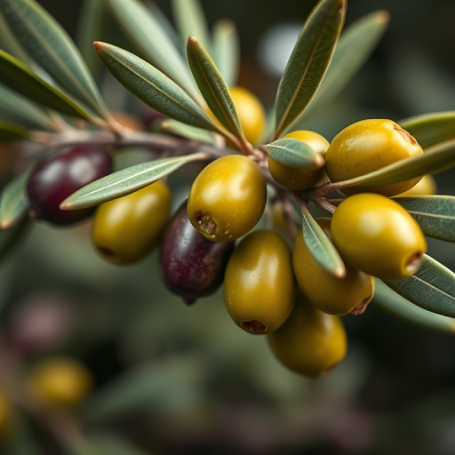 Generate a high-resolution image of an olive branch with ripe olives, using a macro lens at f/2.8 for shallow depth of field, shooting from a 45-degree angle, with vibrant colors and high contrast.