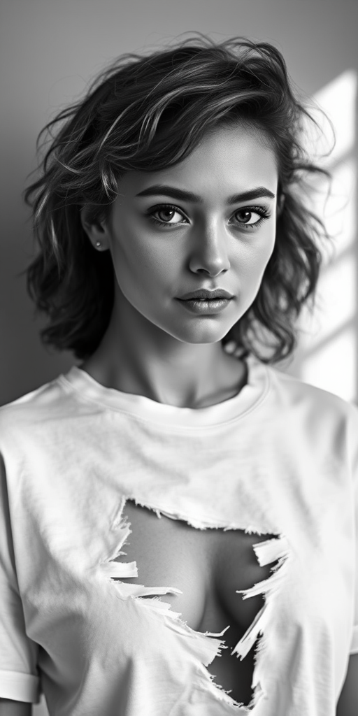 Generate a portrait of a woman with textured hair wearing a creatively torn white T-shirt, shot in black and white with a 50mm f/1.8 lens, aperture set at f/2.8, ISO 100, natural light from a softbox to enhance shadows and details, with a shallow depth of field to focus on her expression.