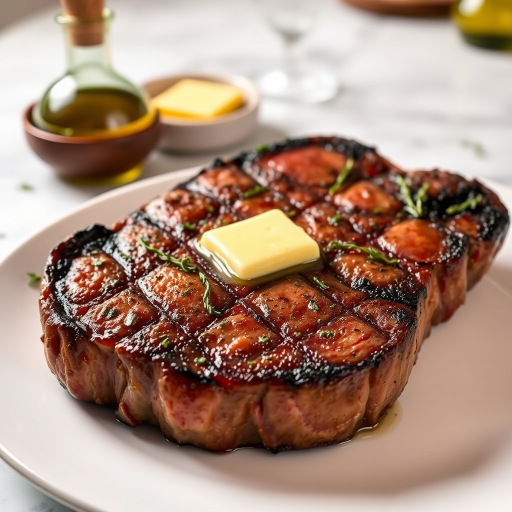 Create an image of a perfectly seared ribeye steak, resting on a white plate with a pat of melting butter on top. The steak is seasoned with fresh herbs like thyme and parsley, with glistening juices highlighting the texture of the meat. The background features a soft focus on a light, marble countertop, with a small dish of butter and an olive oil bottle in the distance. The overall mood should be warm and inviting, capturing the deliciousness and juiciness of the steak.