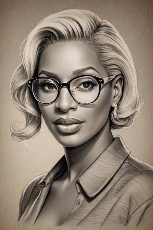 Bewitching Nene Leakes, pencil sketch, portrait of Bewitching woman 1936s in glasses, hair style beatnik, outline, clear lines, fine lines, 8k