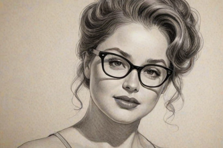 Fetching Kether Donohue, pencil sketch, portrait of Exquisite woman 1951s in glasses, hair style beatnik, outline, clear lines, fine lines, 8k