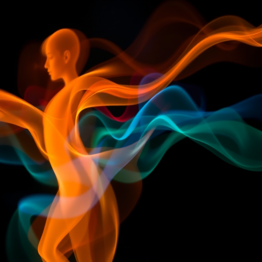 Create an abstract image of a fluid, dynamic figure with flowing lines and vibrant colors on a dark background, using a DSLR camera with a 50mm lens, f/1.8 aperture, ISO 200, shot in low light with a long exposure to capture motion blur.