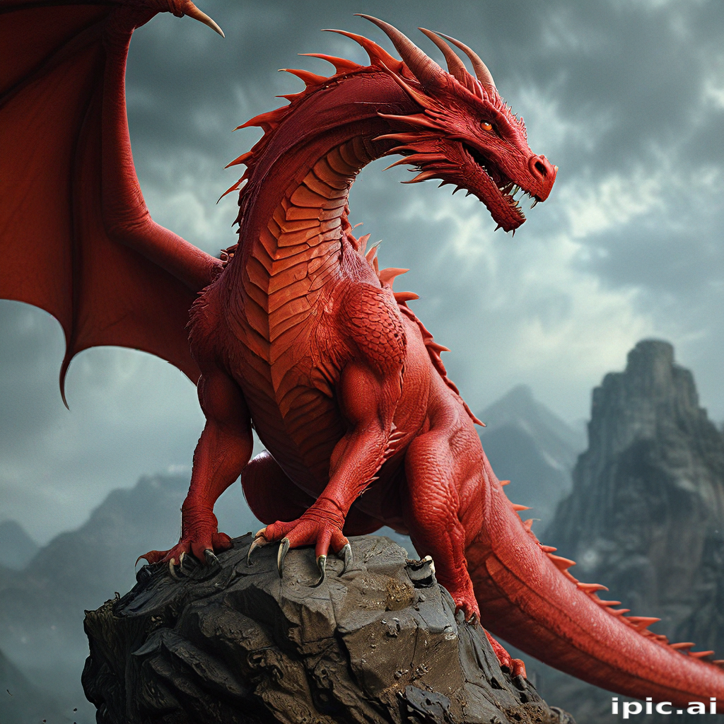 Majestic Red Dragon Perched on a Rocky Outcrop Against Dramatic Mountains.