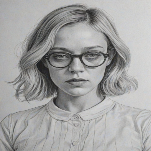 Pleasing Chloe Sevigny, pencil sketch, portrait of Fascinating woman 1975s in glasses, hair style beatnik, outline, clear lines, fine lines, 8k