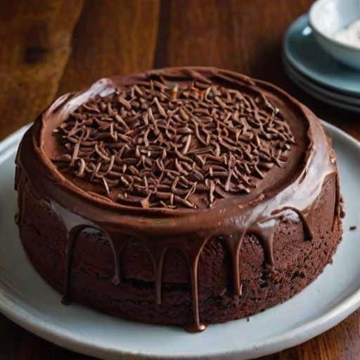 Create an image of a round chocolate cake with smooth dark chocolate frosting. The cake should have a decorative border of chocolate frosting on top and around the base, with chocolate sprinkles scattered on top. The background should be neutral to highlight the cake.