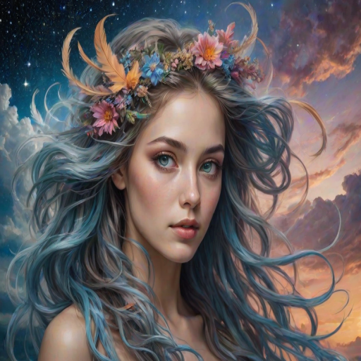 Create a series of imaginative portraits where each subject is infused with elements of fantasy and nature. The hair of the individuals should flow like clouds, varying from soft, fluffy cumulus to wispy cirrus strands, with hints of color reflecting a sunset or a clear blue sky. The eyes should be windows to entire galaxies, with stars, nebulae, and distant planets visible within them. Clothing should be adorned with nature motifs, such as floral patterns that bloom and change, vines that seem to grow and wrap around, or feathers that shimmer with iridescence. Each portrait should capture a unique personality, blending human features with the ethereal beauty of the natural and cosmic world. The backgrounds can vary, from starry night skies to enchanted forests, adding depth and context to the magical realism of the portraits