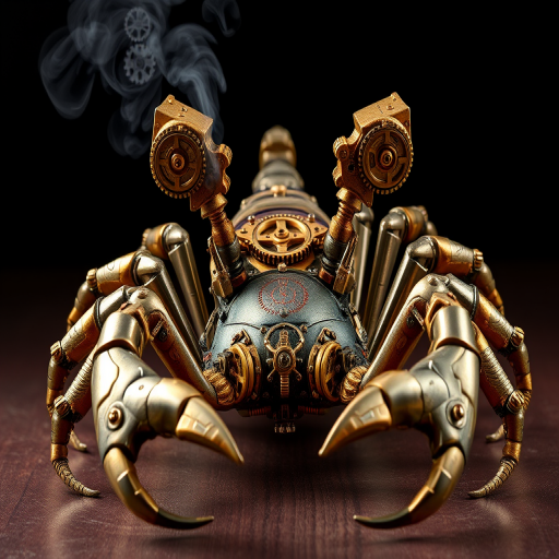 Create a high-intensity, high-resolution image of a steampunk scorpion, featuring intricate clockwork mechanisms and brass gears. The scorpion should have metallic limbs with elaborate jointed segments, showcasing a blend of Victorian-era aesthetics and futuristic technology. The body should be adorned with cogwheels, pistons, and small steam vents emitting a subtle mist, the front pinchers should up up and open. Capture the scene with dramatic lighting to emphasize the mechanical details, giving it a sense of motion and life