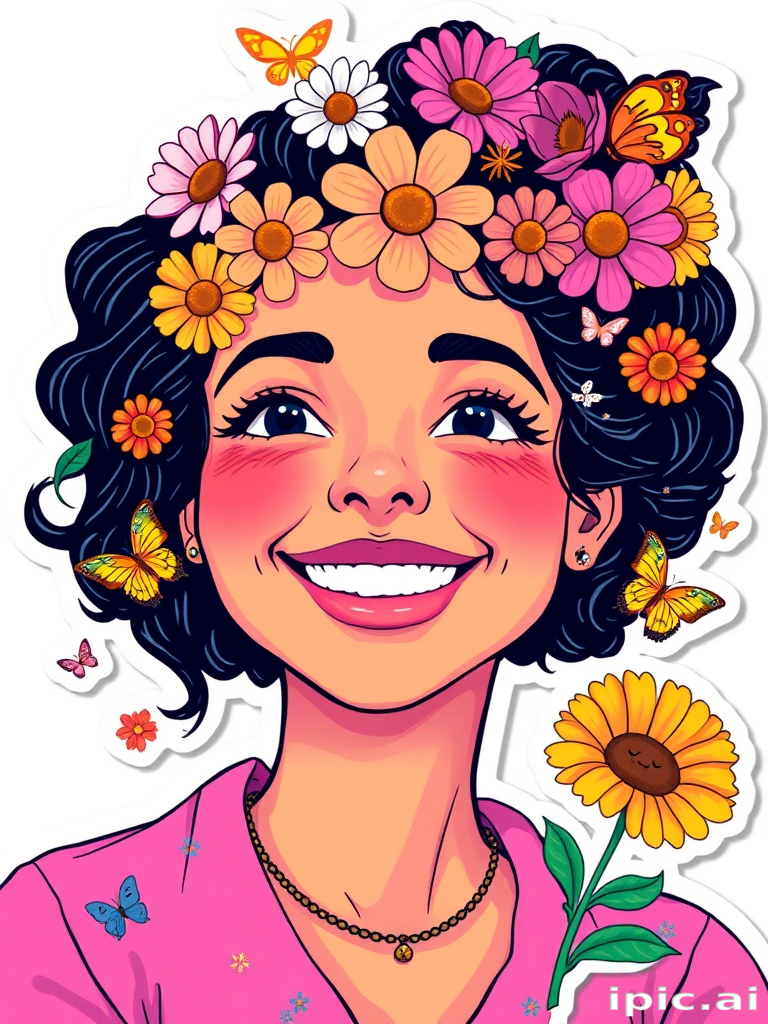 A whimsical and fun sticker of a woman with a big smile on her face. Her hair would be adorned with brightly colored flowers, such as daisies or sunflowers, surrounded by butterflies or other small creatures, digital illustration, die cut sticker:: floral::1 tropical::1 synthwave::1 ultraviolet::1 pastel::1