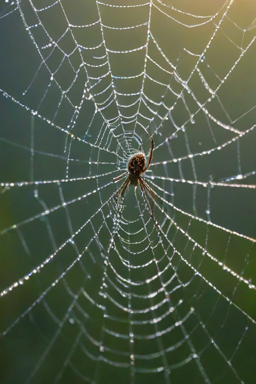 Sharp, detailed close-up of a spider weaving its web in the early morning, tiny dew droplets clinging to the delicate strands, with soft blue and green light reflecting off the surrounding foliage.