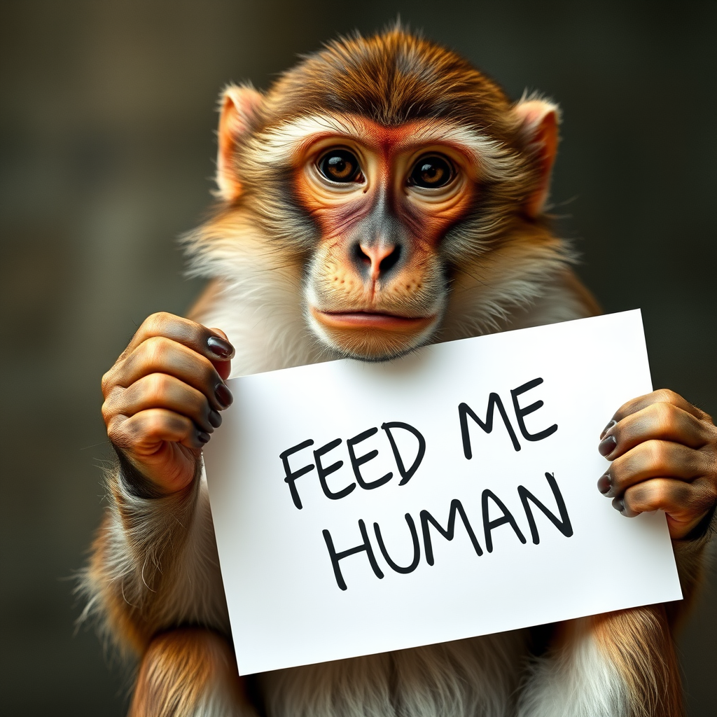monkey holding a note which says "FEED ME HUMAN"