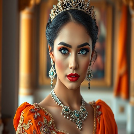 A gorgeous Bhutanese woman in a luxurious orange gown, accessorized with a dazzling tiara and statement earrings, her deep blue eyes highlighted by impeccable makeup, poised in a royal setting, photorealistic, 8K quality