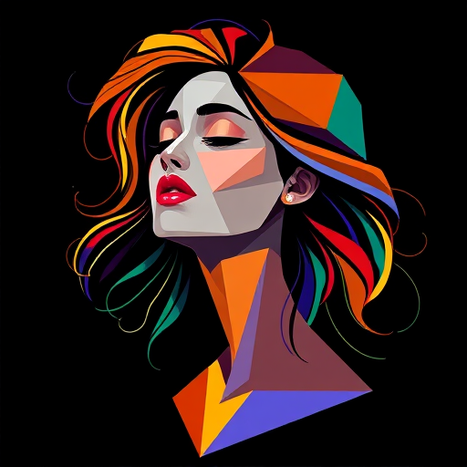 Create a high-resolution digital illustration of a stylized female figure with a geometric face and flowing hair, using a Canon EOS R5 with a 50mm f/1.2 lens, shot at ISO 100, aperture f/1.2, and 1/200s shutter speed for sharpness, focused on a vibrant color palette against a solid black background.