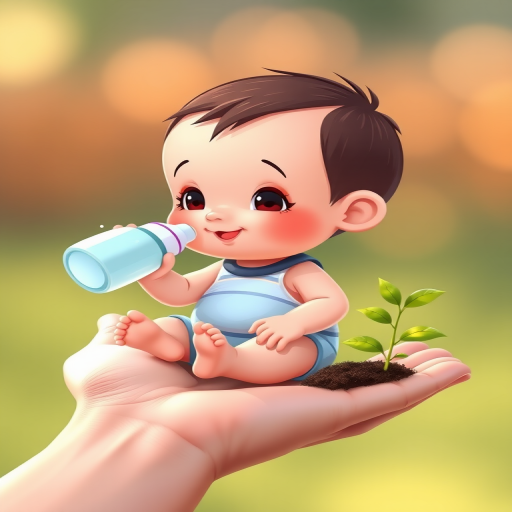 Create a high-resolution digital illustration of a cute cartoon baby sitting on a hand, holding a baby bottle, with a small green plant growing in soil beside the baby, soft focus background, vibrant colors, ISO 100, f/2.8, 50mm lens, shallow depth of field.