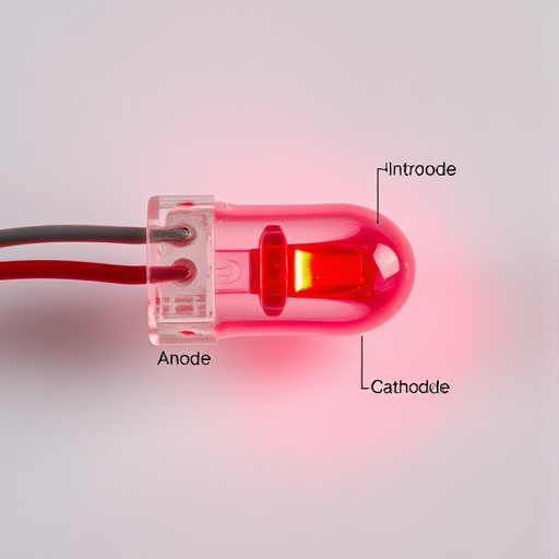 Generate a high-resolution diagram of a red LED with labeled anode and cathode, captured with a macro lens at f/2.8, ISO 100, 1/60s, in a neutral background with soft lighting for enhanced clarity.