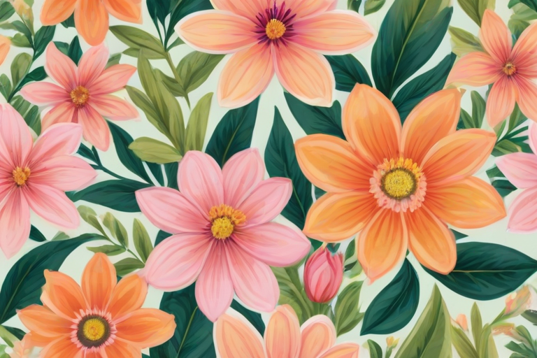 Create a vibrant floral pattern featuring a variety of pastel flowers in shades of pink, orange, and yellow with delicate green leaves, arranged beautifully on a light background.